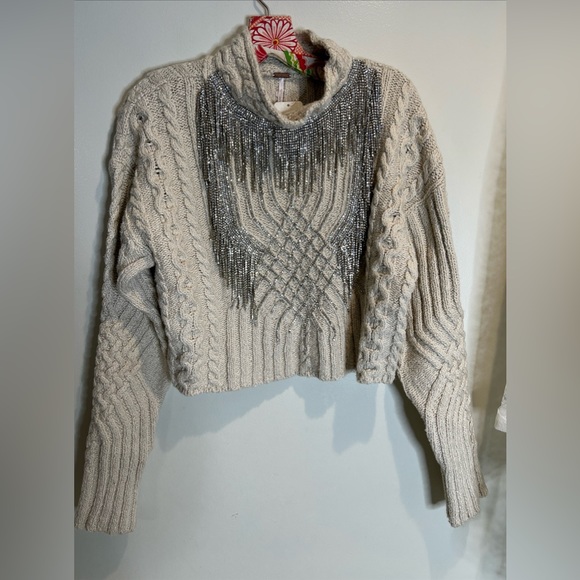 Free People Icicle Embellished Chandeliers Mock Neck Cropped Sweater - Picture 4 of 7